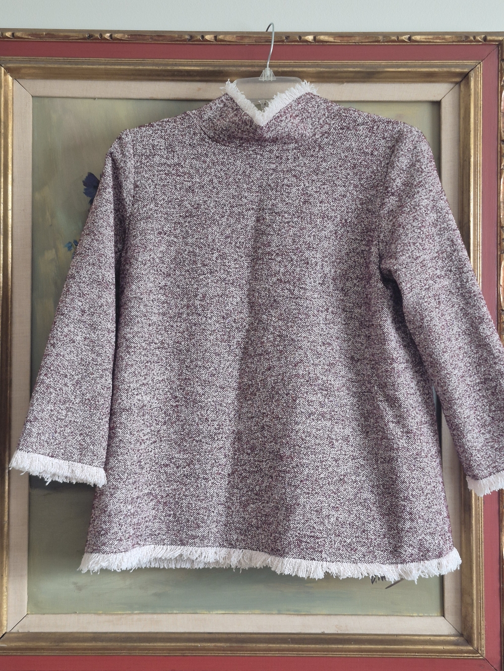 ANN MASHBURN Burgundy and White Marled Fringe Sweater